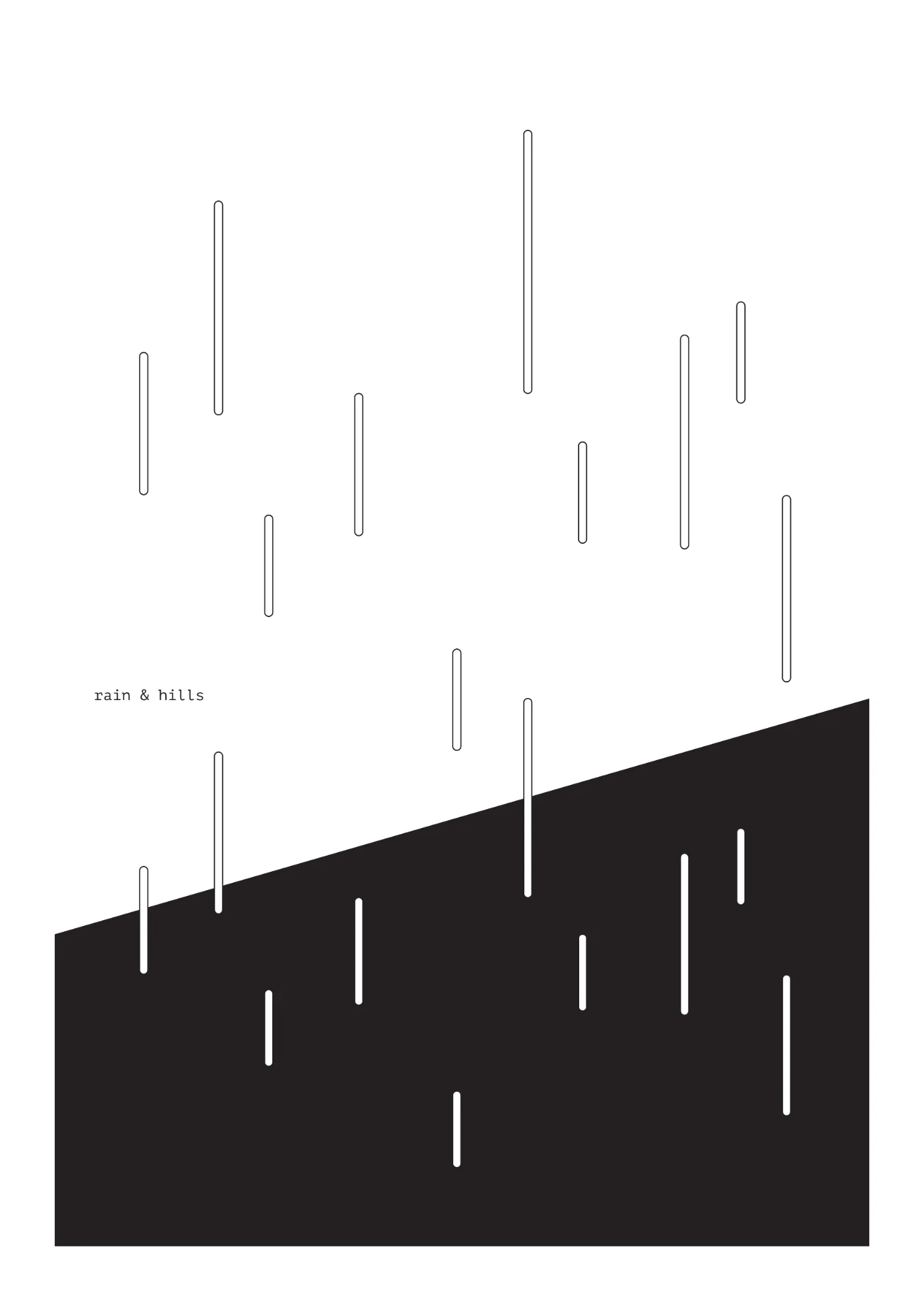 Ilustrace: svislé čárky deště nad černým svahem, nápis rain & hills
