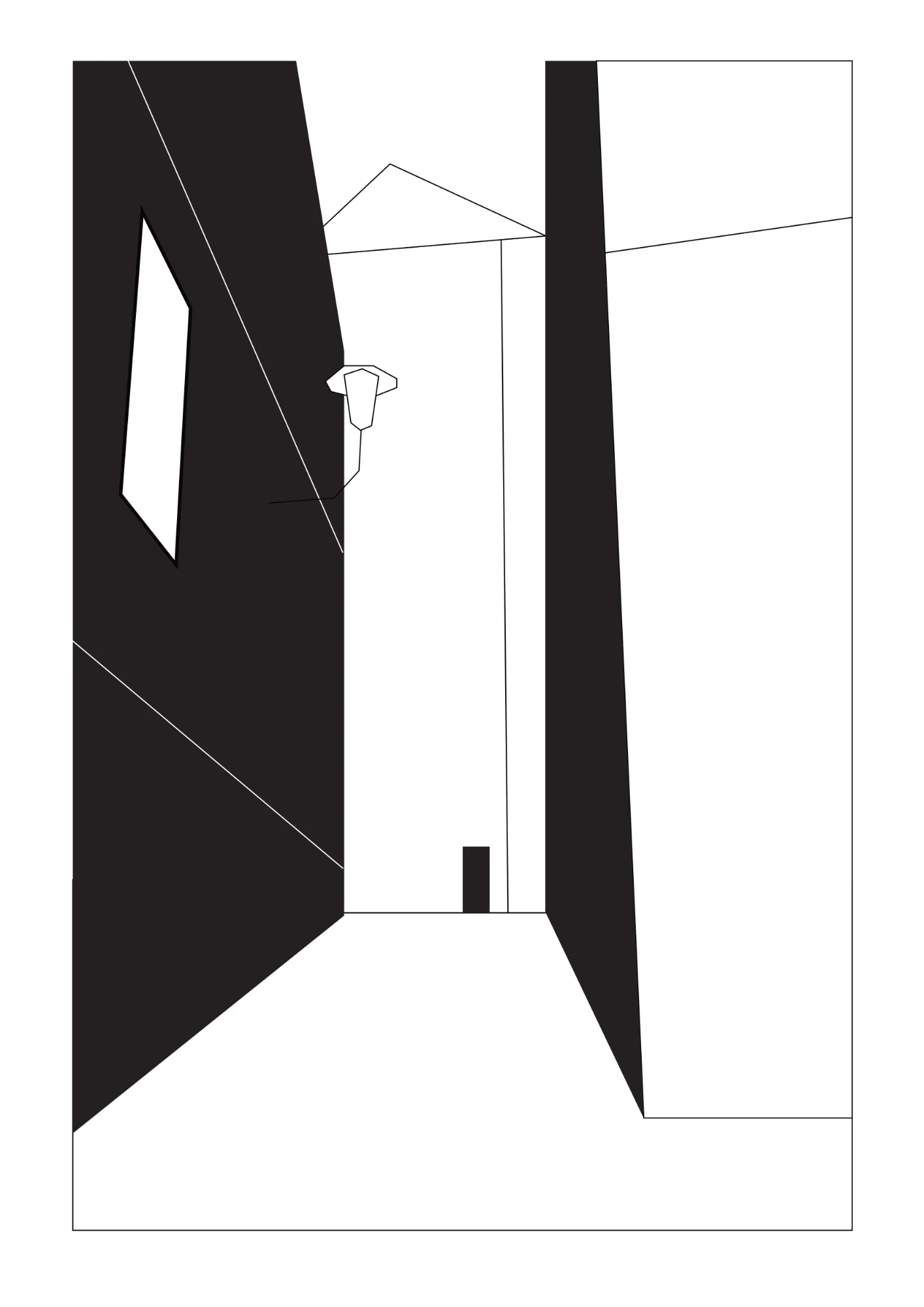 Ilustrace: úzká ulička mezi černou a bílou stěnou s lampou