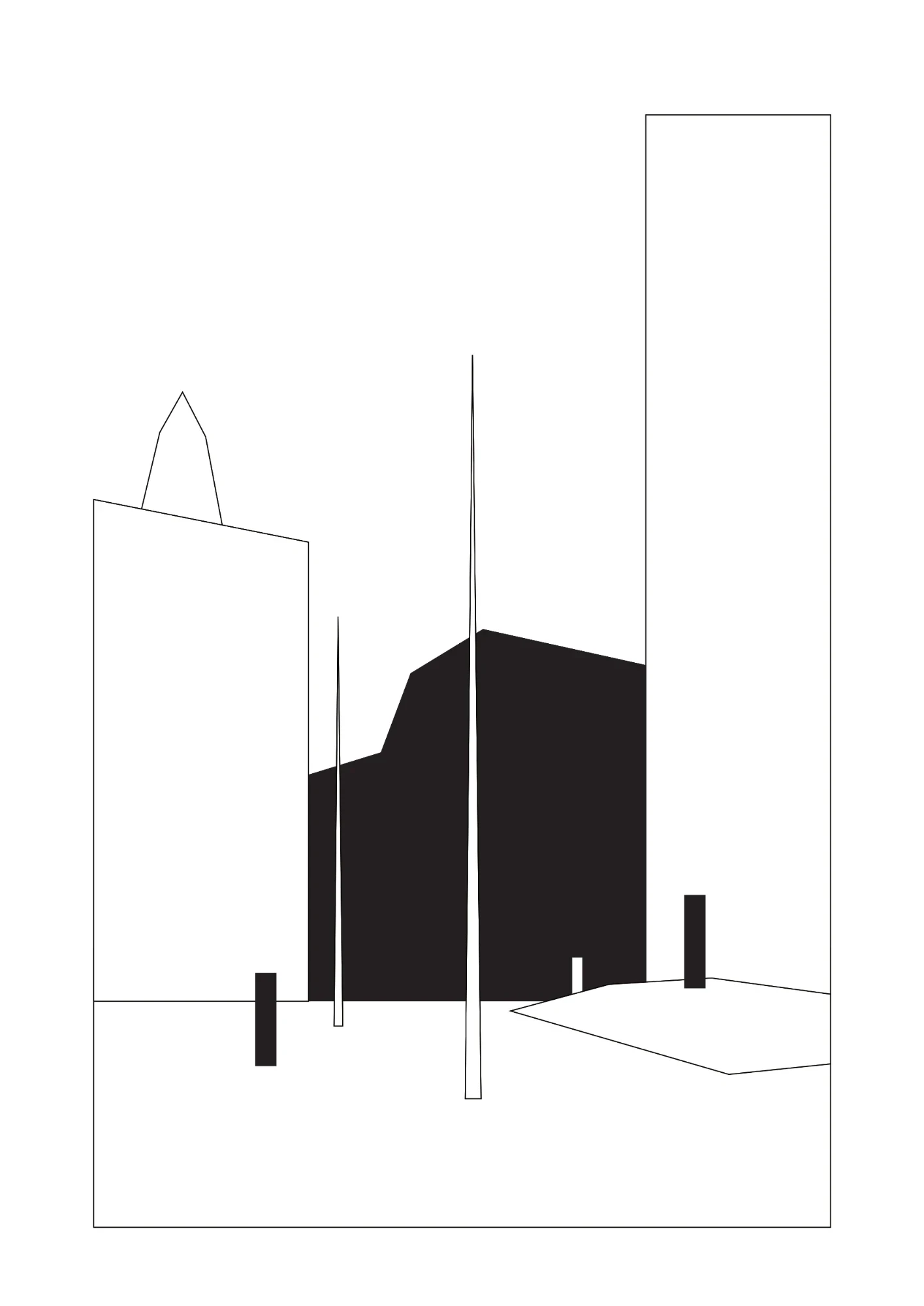 Ilustrace: domy, černý blok budovy a dva vysoké stožáry