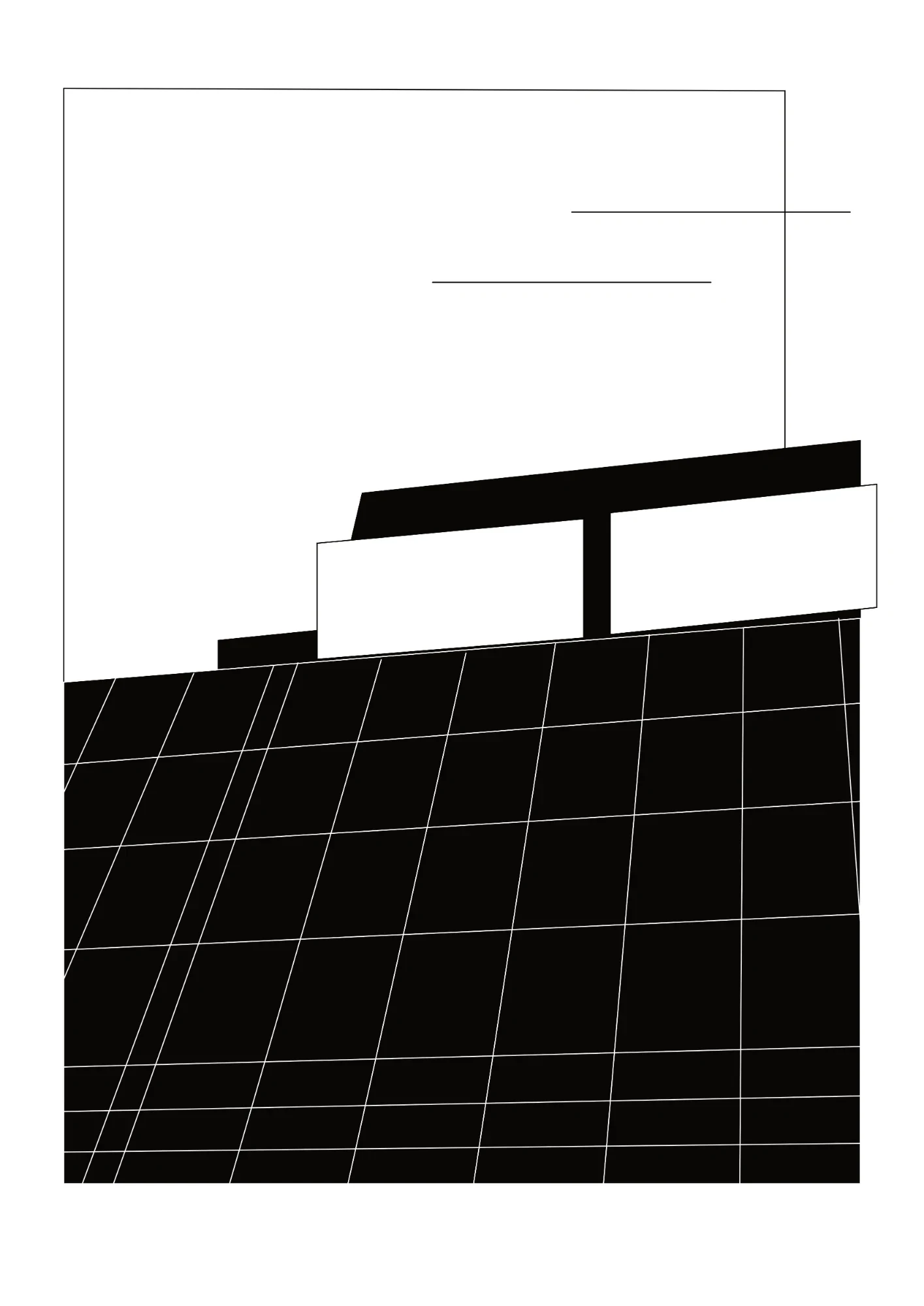 Ilustrace: černá fasáda s bílou mřížkou a billboardem
